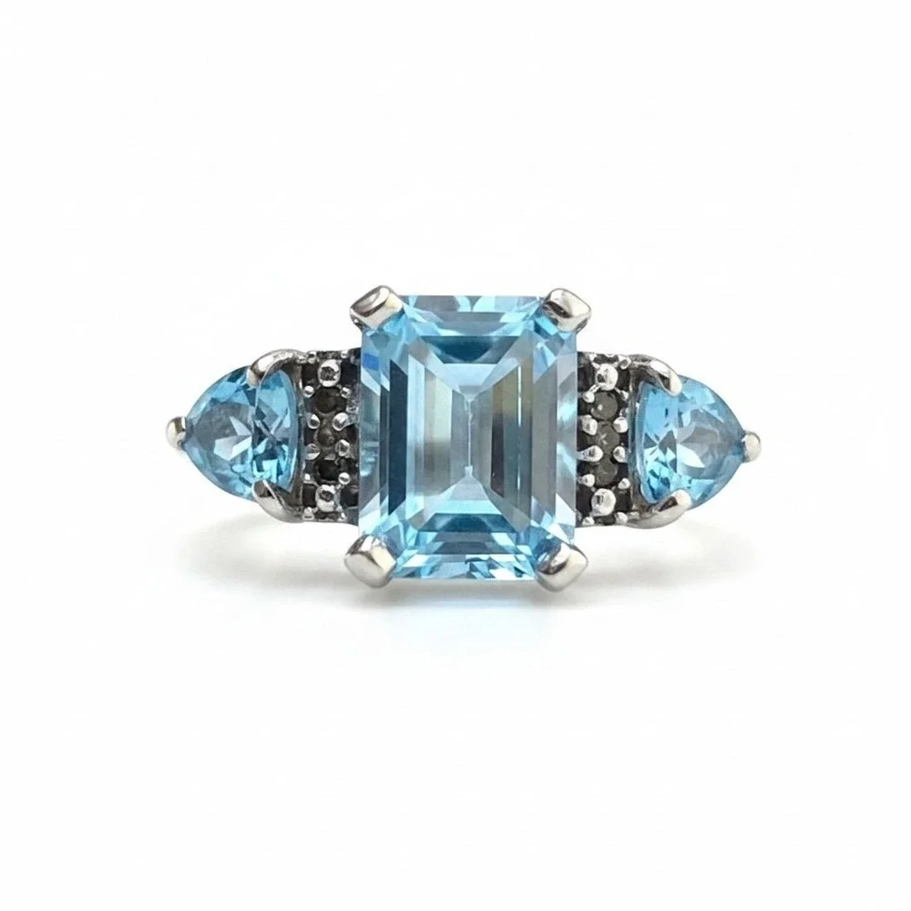 Art Deco Sterling Silver Blue Topaz CZ Three Stone Emerald Cut Ring Size 7.25